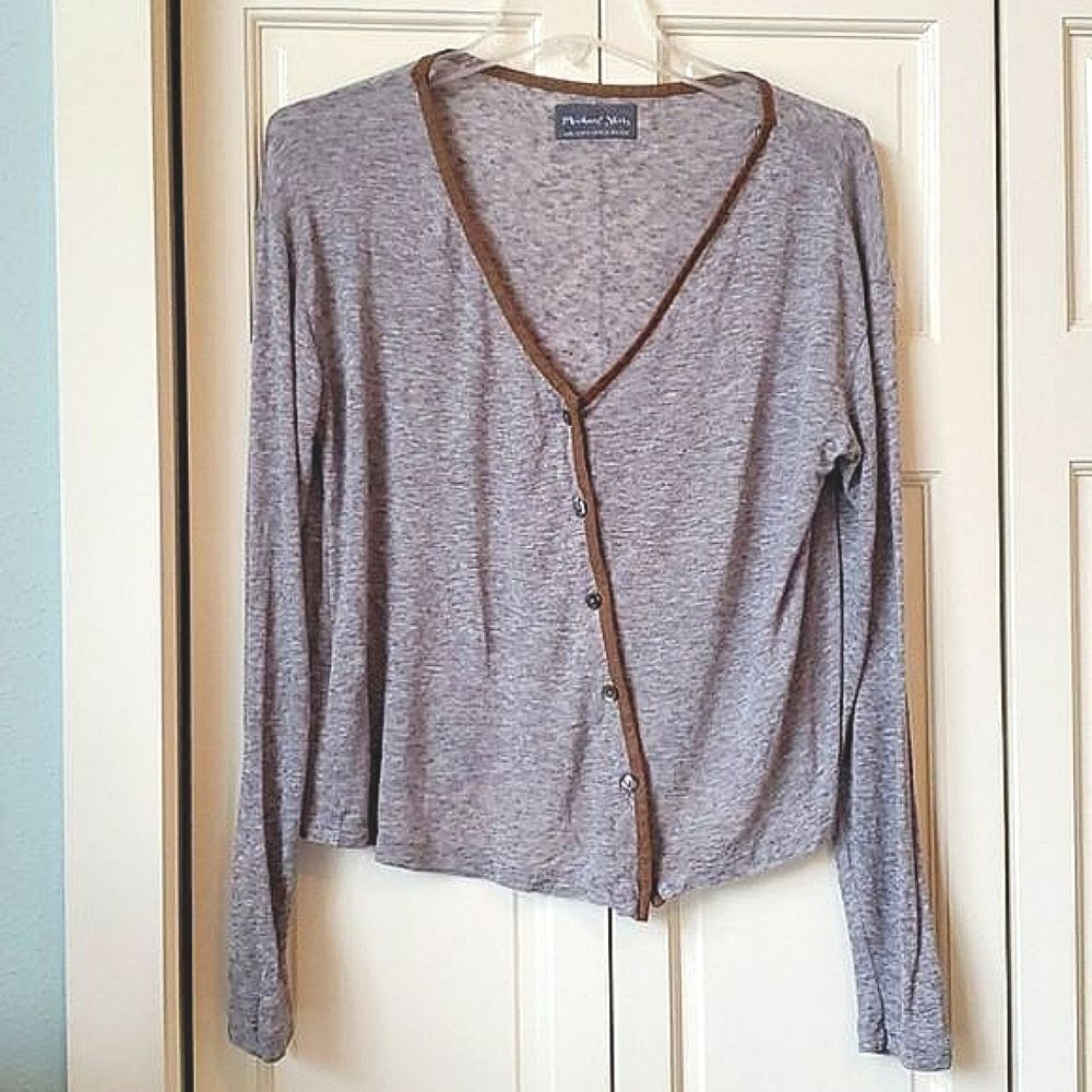 Michael Stars Gray Long Sleeve Button Down Shirt with Brown Trim